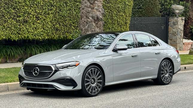 Front 3/4 view of a grey 2024 Mercedes-Benz E350