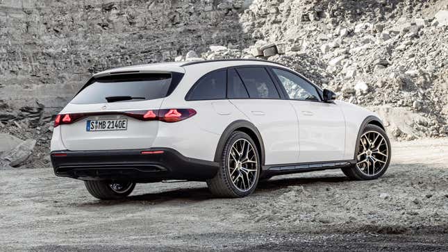 Rear 3/4 view of a white Mercedes-Benz E-Class All-Terrain