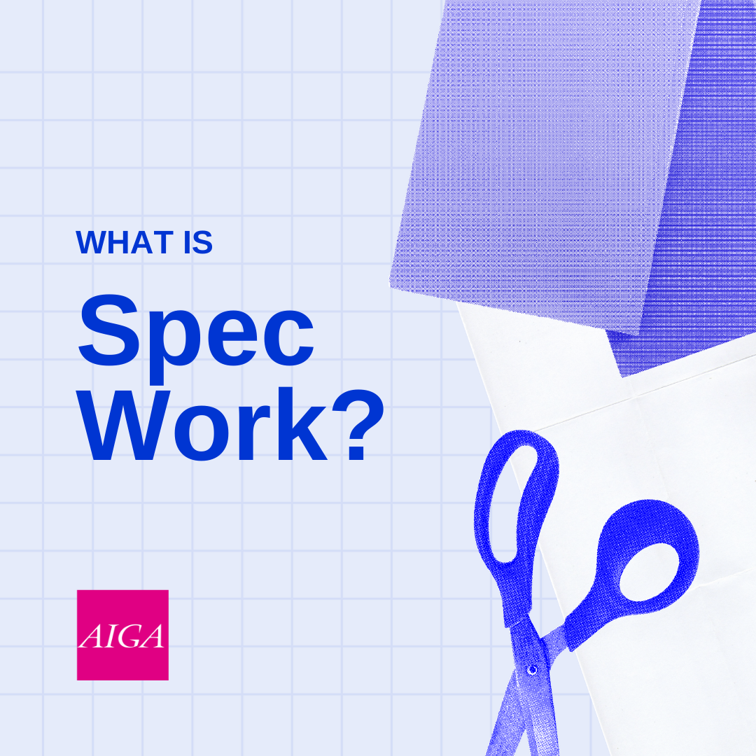 Graphic with the text "What is Spec Work" featuring a blue grid, scissors, paper, and the AIGA logo